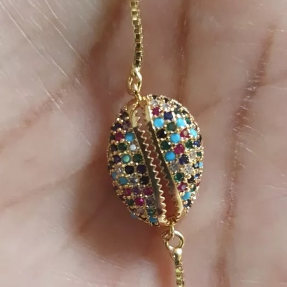 Multicolor Pave Gold Cowrie Shell Slider Bracelet - Picture 2 of 3